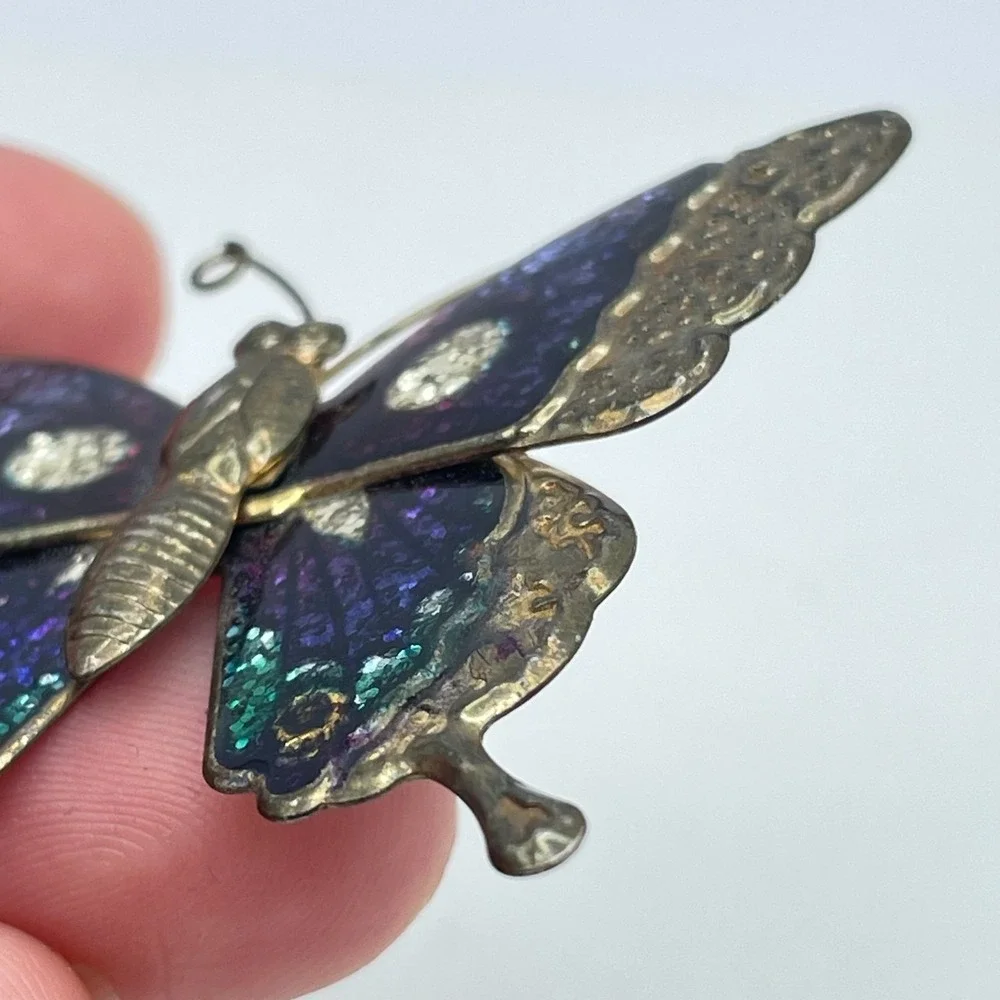 Vintage Gold-Tone Multicolor Patina Dye Enamel Blue Glitter Butterfly Brooch Pin